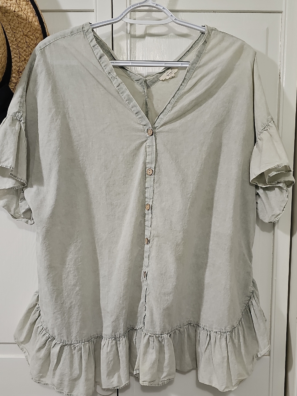 easel Light Sage Ruffle-Hem Button Front Blouse 100% Cotton!